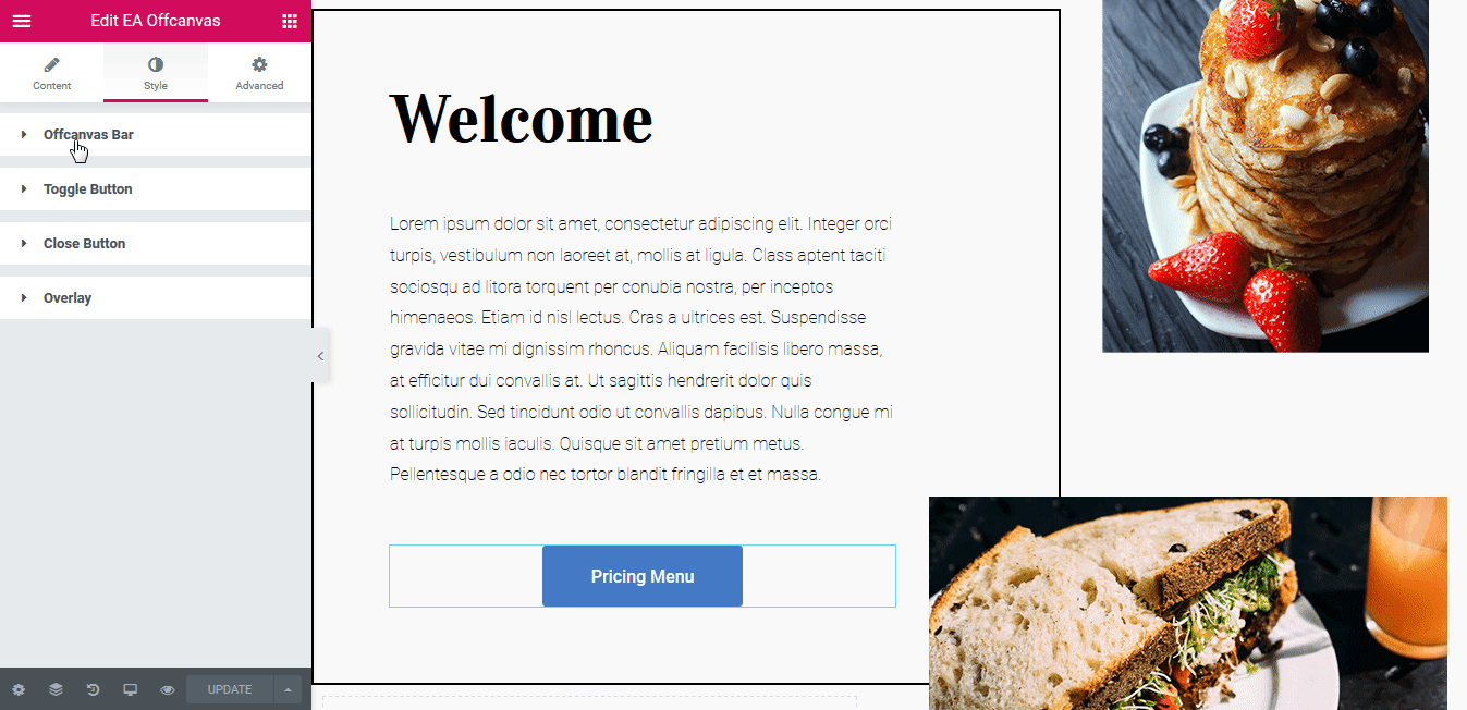 essential addons off canvas button
